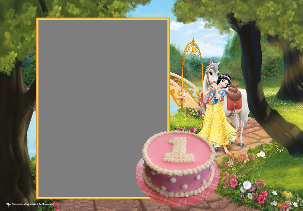 Custom Greetings Cards for kids - Photo Frame ~ Snow White - Cake 1 year