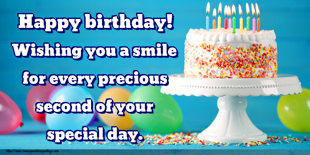 Greetings Cards for Birthday - Happy birthday! Wishing you a smile for every precious second of your special day. - messageswishesgreetings.com