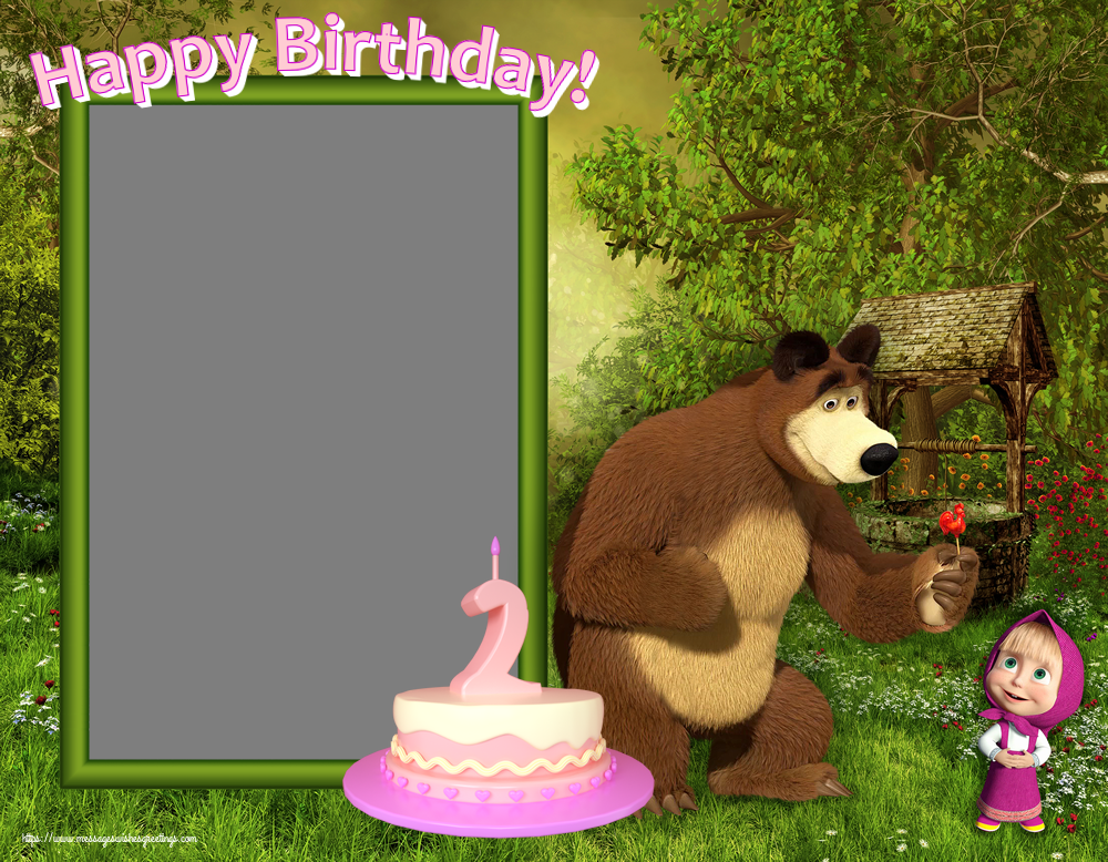 Custom Greetings Cards for kids - Happy Birthday! - Photo Frame ~ Masha and the bear - Cake 2 years