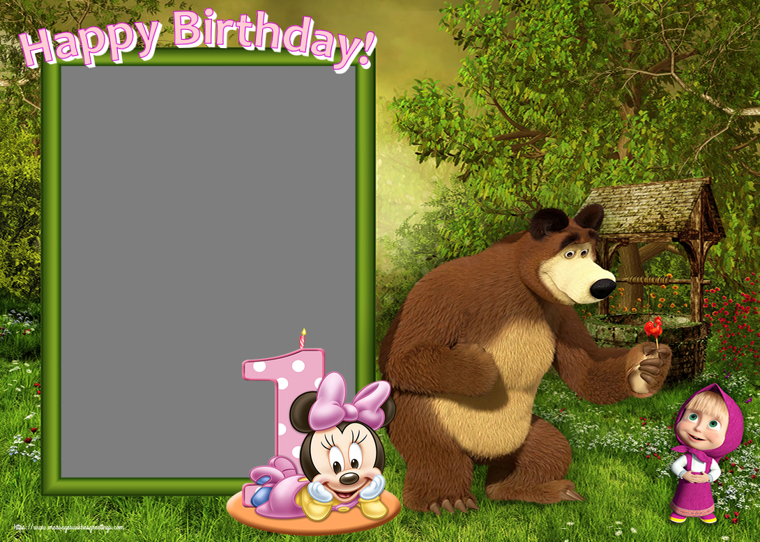 Custom Greetings Cards for kids - Happy Birthday! - Photo Frame ~ Masha and the bear - Minnie Mouse 1 year