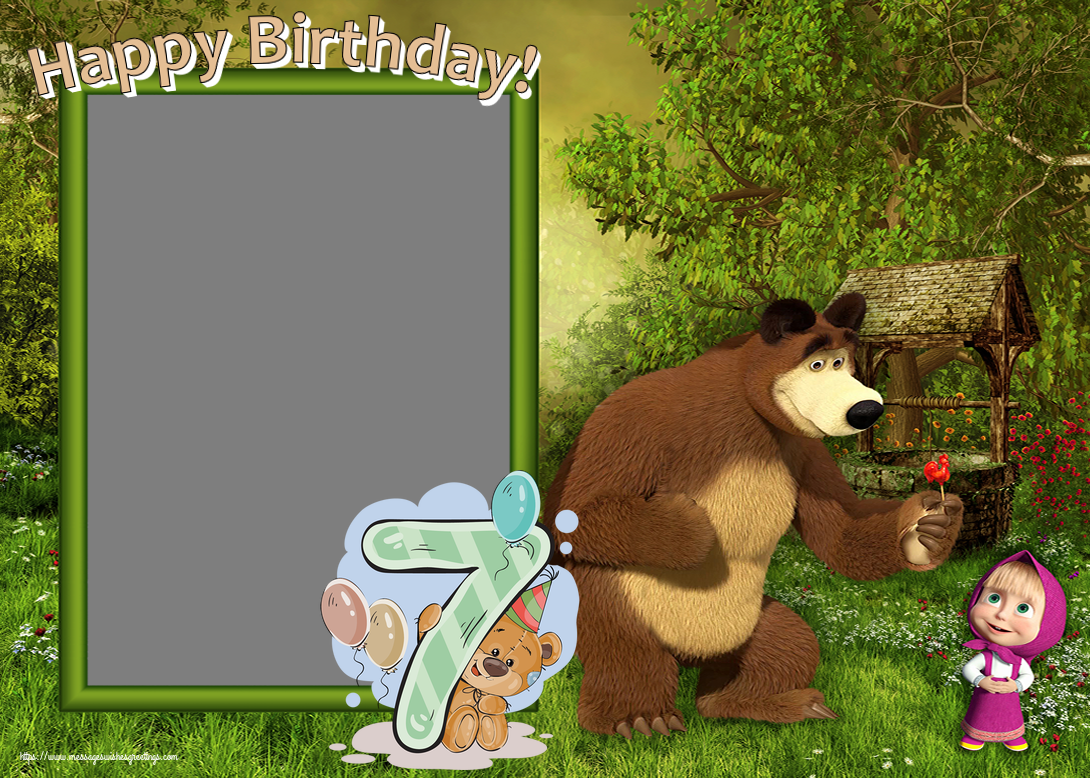Custom Greetings Cards for kids - Happy Birthday! - Photo Frame ~ Masha and the bear - 7 years