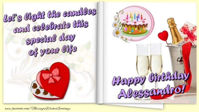 Greetings Cards for Birthday - Champagne & Flowers & Photo Frame | Let’s light the candles and celebrate this special day  of your life. Happy Birthday Alessandro