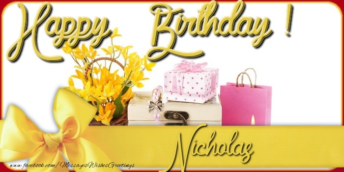 Greetings Cards for Birthday - Bouquet Of Flowers & Gift Box | Happy Birthday Nicholas